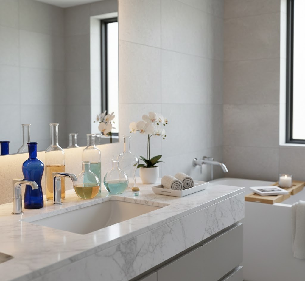 Bathroom styling with decorative bottles